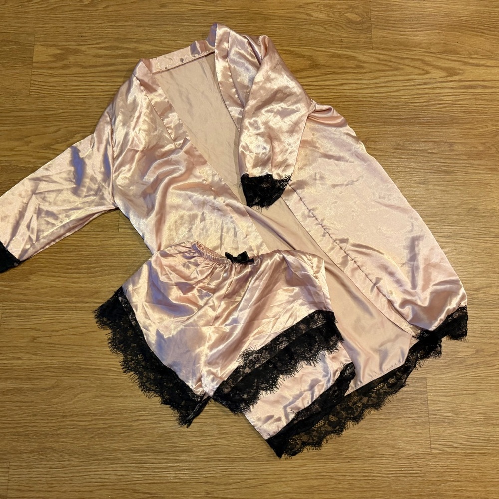 Elegant Pink Satin Robe and Shorts Set with Black Lace Trim